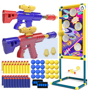 TEMI 2 in 1 Shooting Game Toy for Kids, 2pk Foam Ball Popper Air Guns with Shooting Target, 24 Foam Balls, 40 Foam Darts, Indoor and Outdoor Toys for Kids Ages 4 5 6 7 8 9 10+ Years Old Boys, Girls